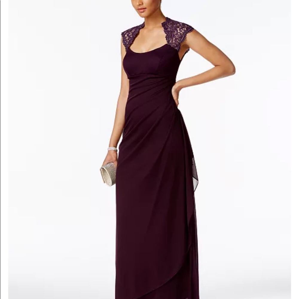 X by Xscape Stand-Collar Illusion Back Gown With cap sleeves, Plum purple, 10